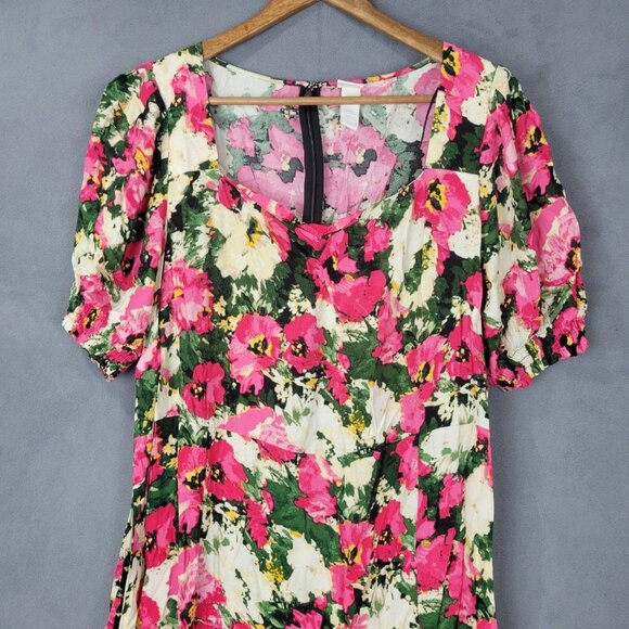 H&M Midi Dress Womens XL Multicolor Floral Square Neck Puff Sleeves Smocked Hems - Picture 3 of 10